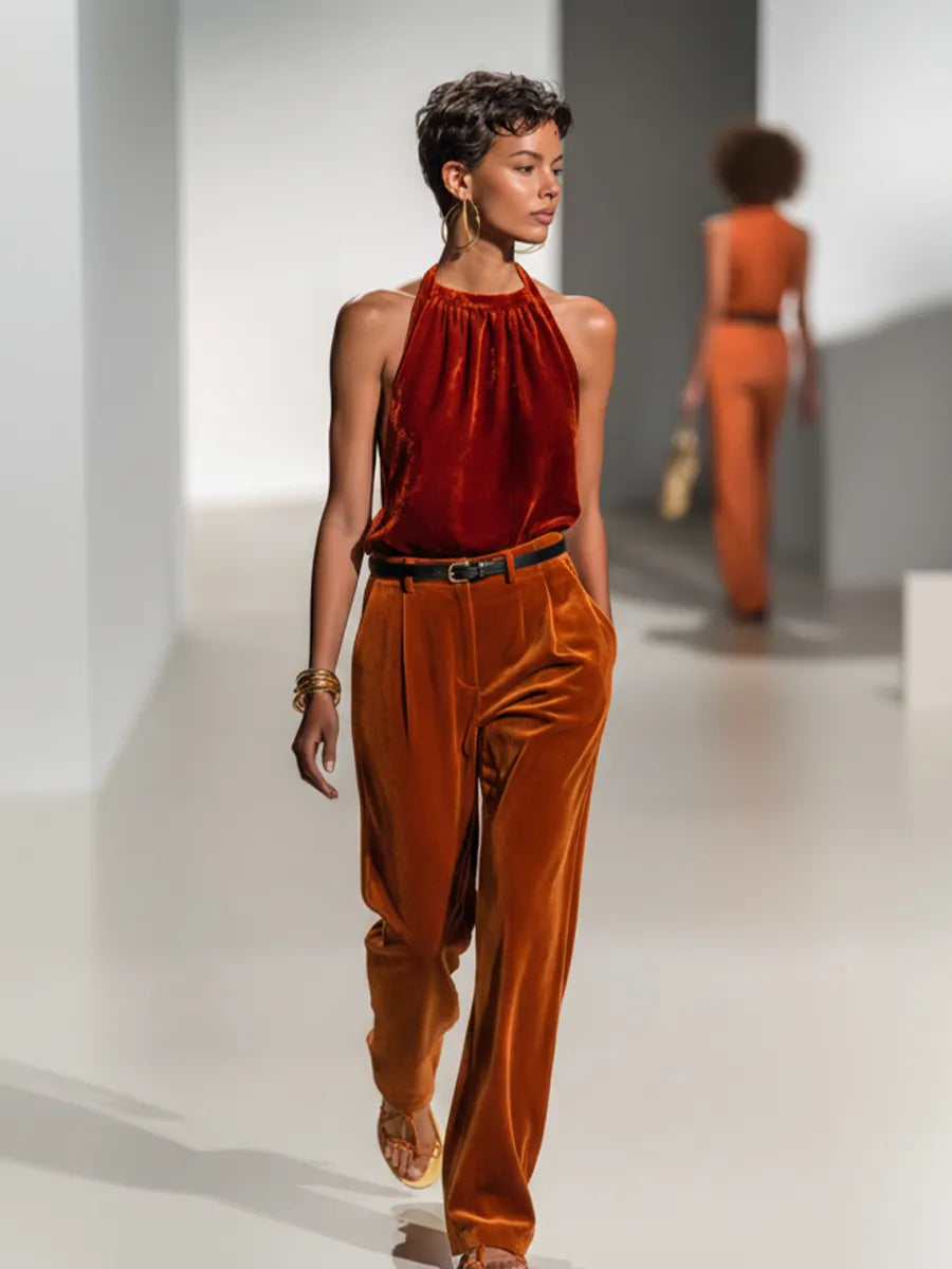 Women’s Fashionable Red Velvet Halter Neck Sleeveless Top And Orange Velvet Slim Waist Wide-Leg Pants Set(Waist Belt Not Included) MDZ1780D8GMJ