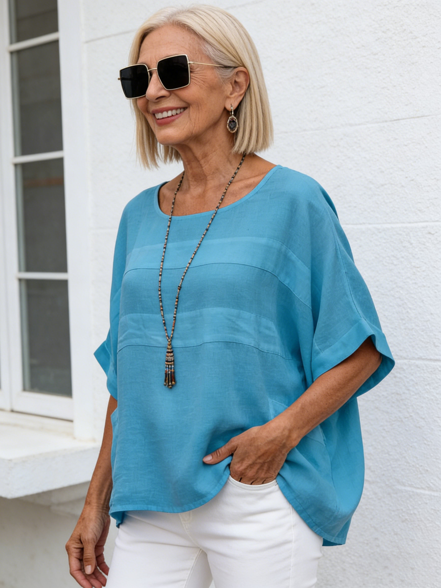 Linen Women's Crew Neck Seven-quarter Sleeve Casual Loose Top