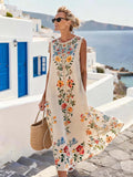 Women'S Round Neck Sleeveless Color-Block Printed Dress