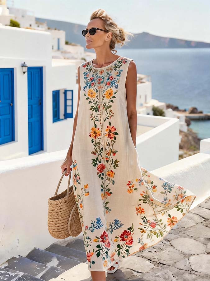 Women'S Round Neck Sleeveless Color-Block Printed Dress