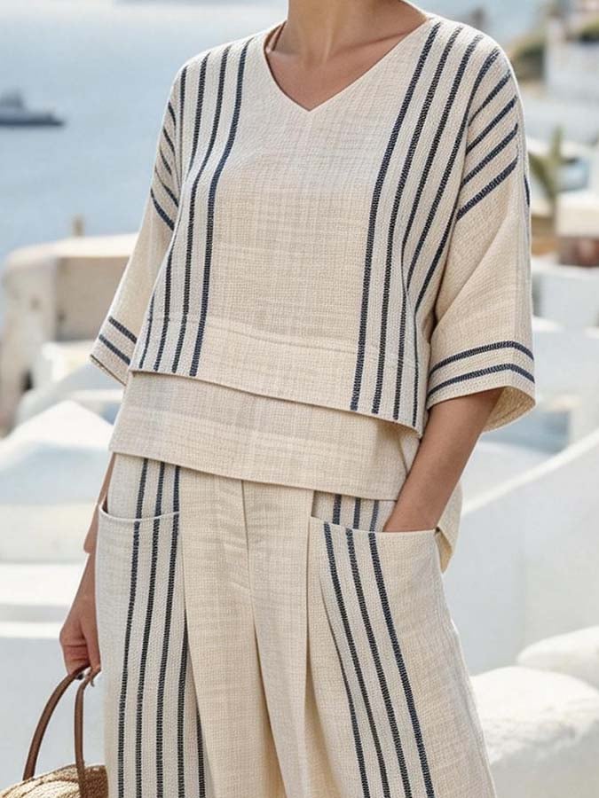 Women'S Casual V-Neck Printed Wide-Leg Pants Set