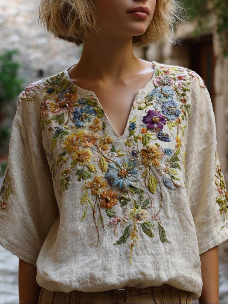Bohemian Style Three-dimensional Embroidered Flowers And Vines Vintage Cotton And Linen Off-white V-neck Short-sleeved Shirt