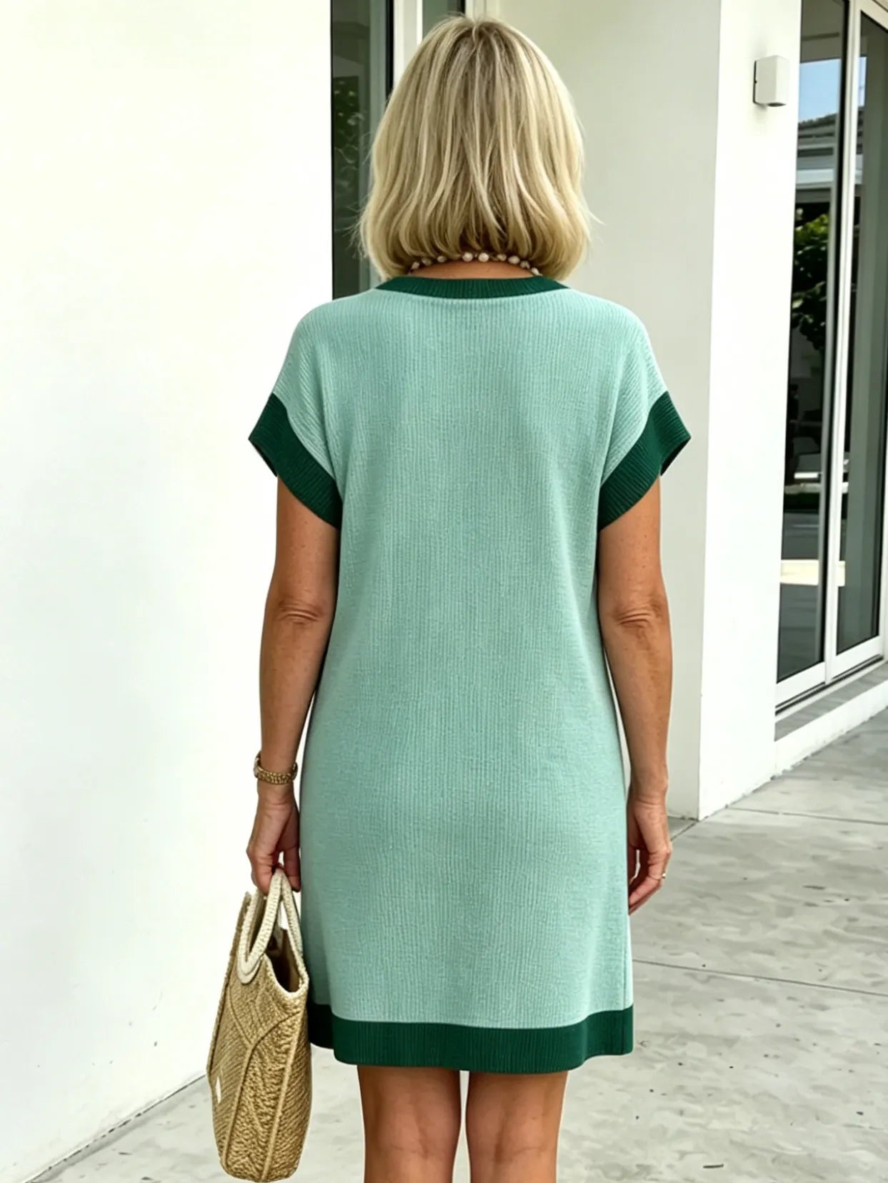 Textured Fabric Casual Contrast Twist Strip Short Sleeve Pocket Dress