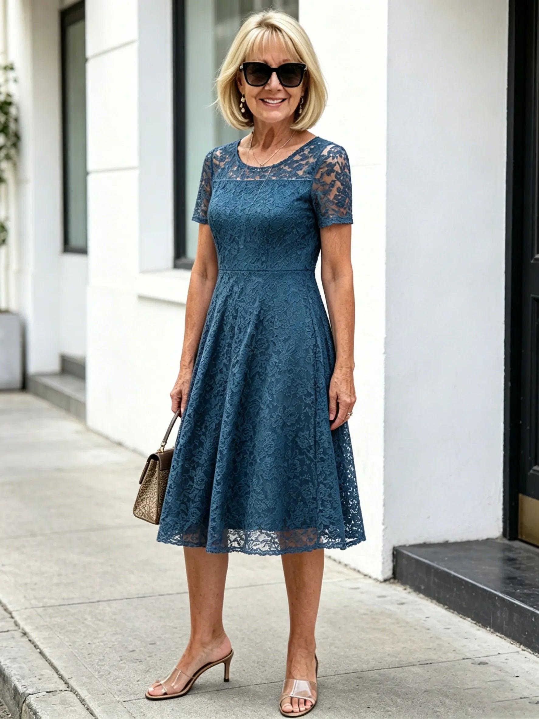 Black Short Sleeve Lace Midi Dress, Crew Neck Cut-Out A-Line Tummy Concealing Slimming Plus Size Dress for Mature Women