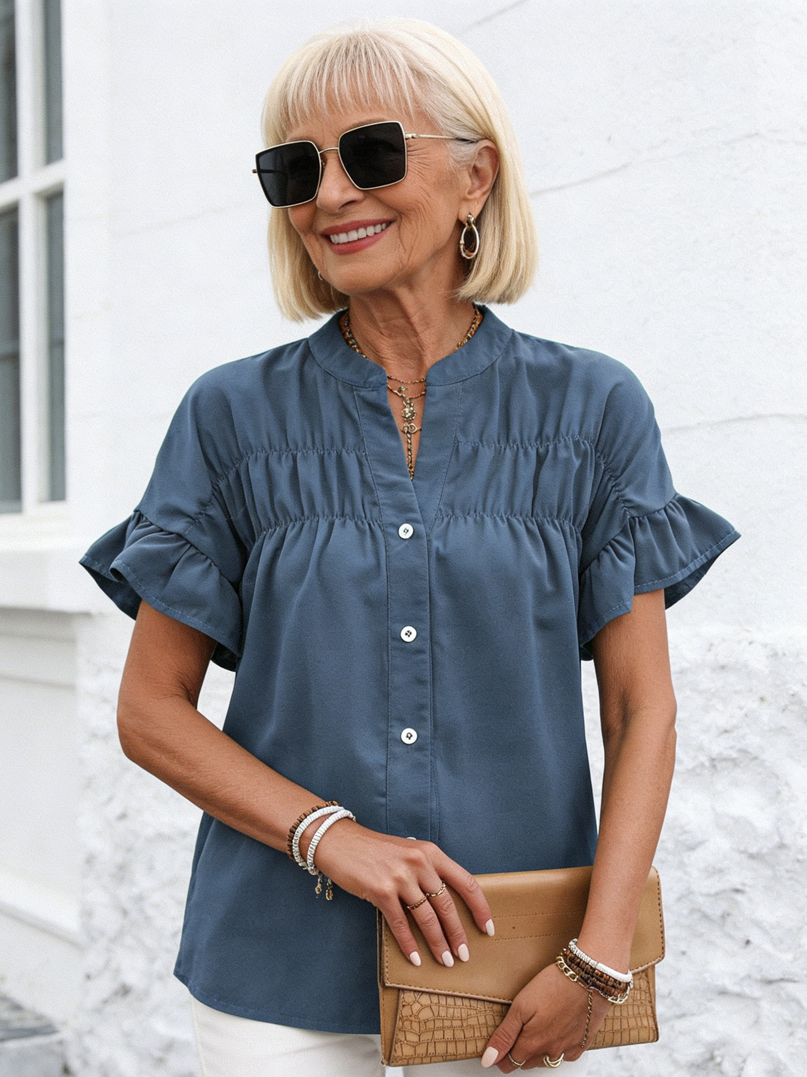 Short Sleeve Shrinkle Shirt Button Solid Color Cotton and Linen Stand-Up Collar Shirt