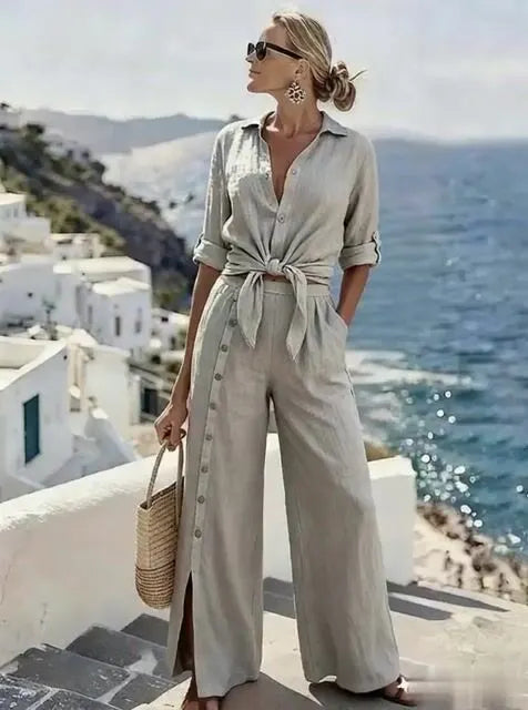 Women'S Casual Solid-Color Shirt And Button-Up Pants Set