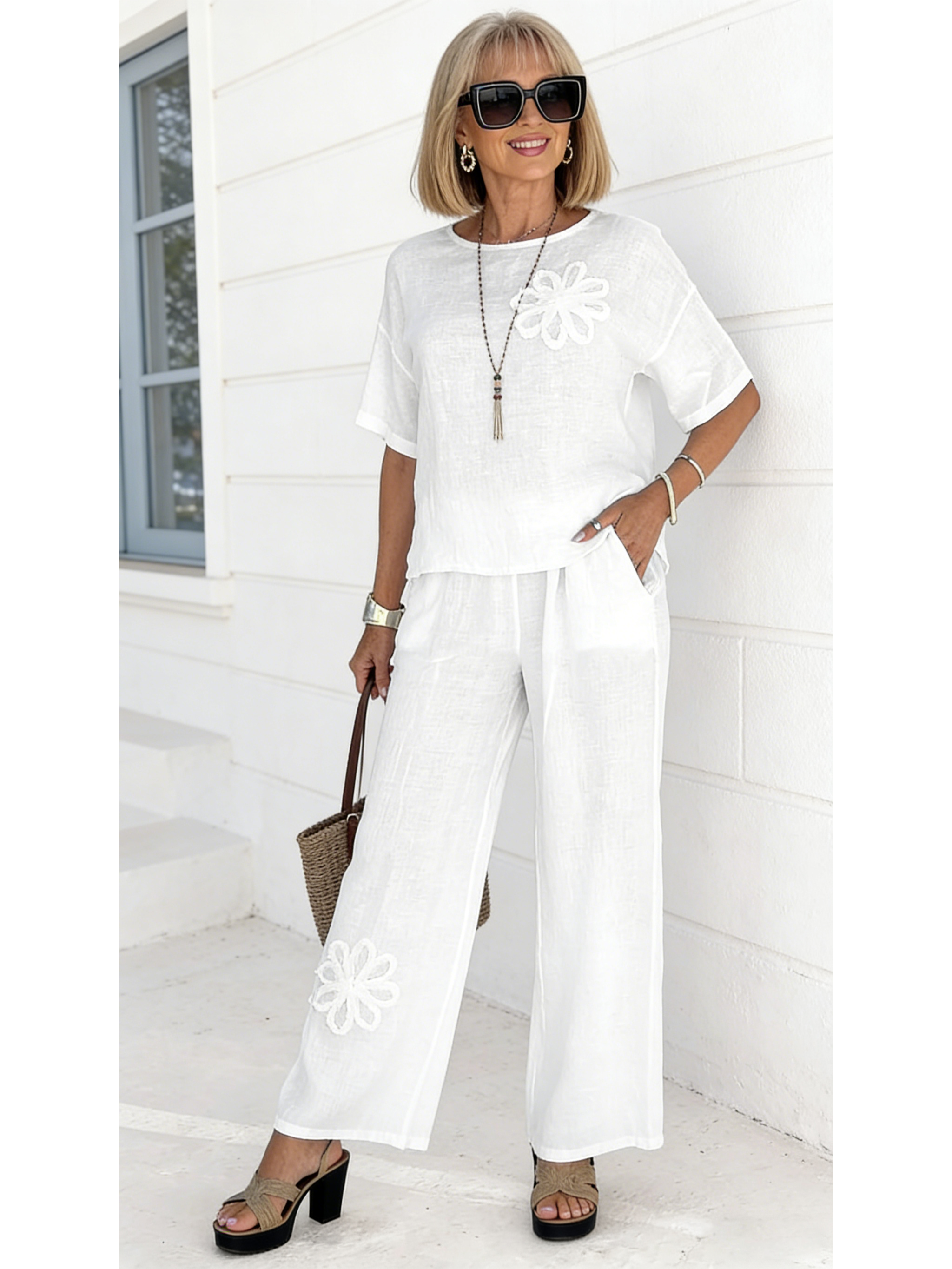 2Pcs Cotton and Linen Embroidered Casual Suit High Waist Loose Trousers