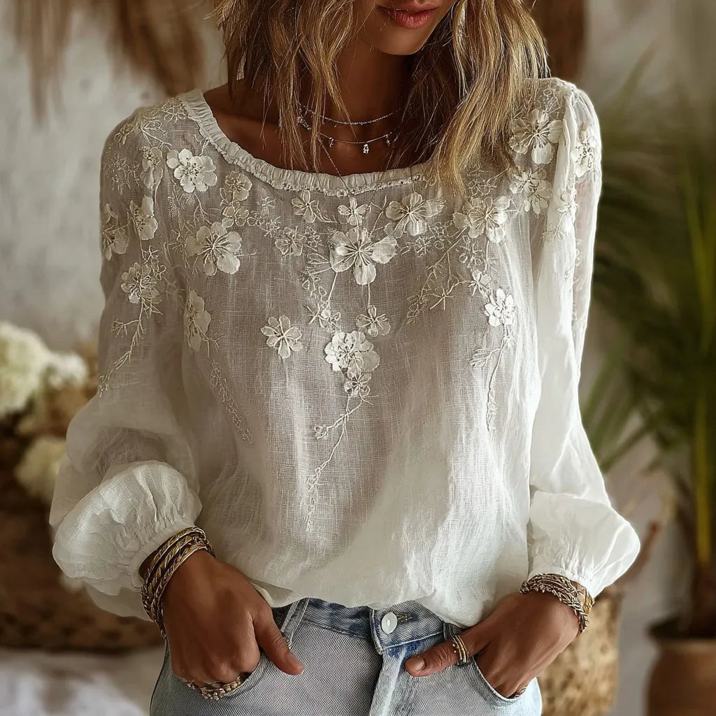 Women's Vintage Floral Art Crew Neck Linen Blend T-shirt