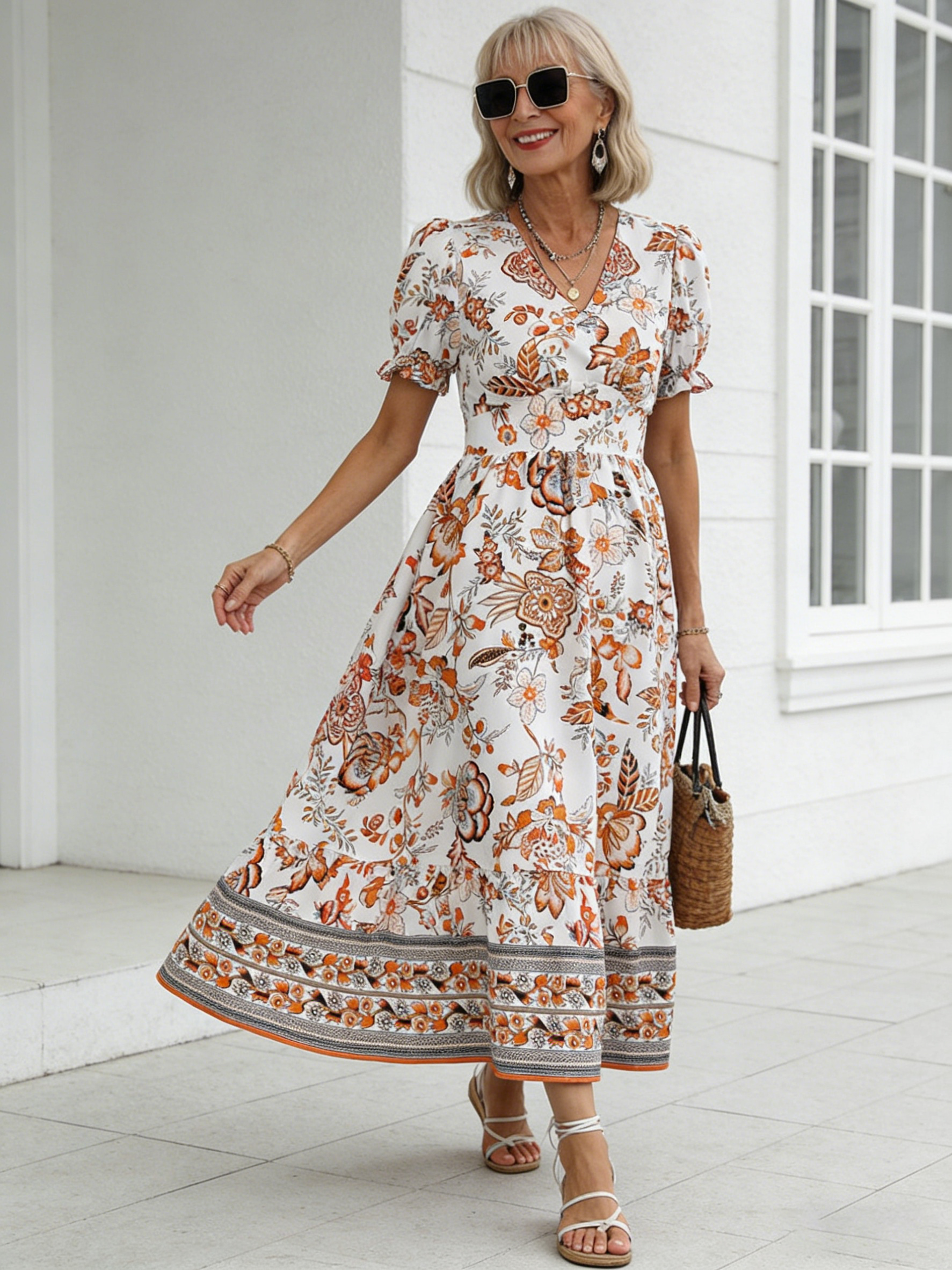 BOHO Printed Puff Sleeve Super Neck Dress