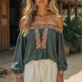 Women's Vintage Embroidered Woven Long Sleeve Shirt