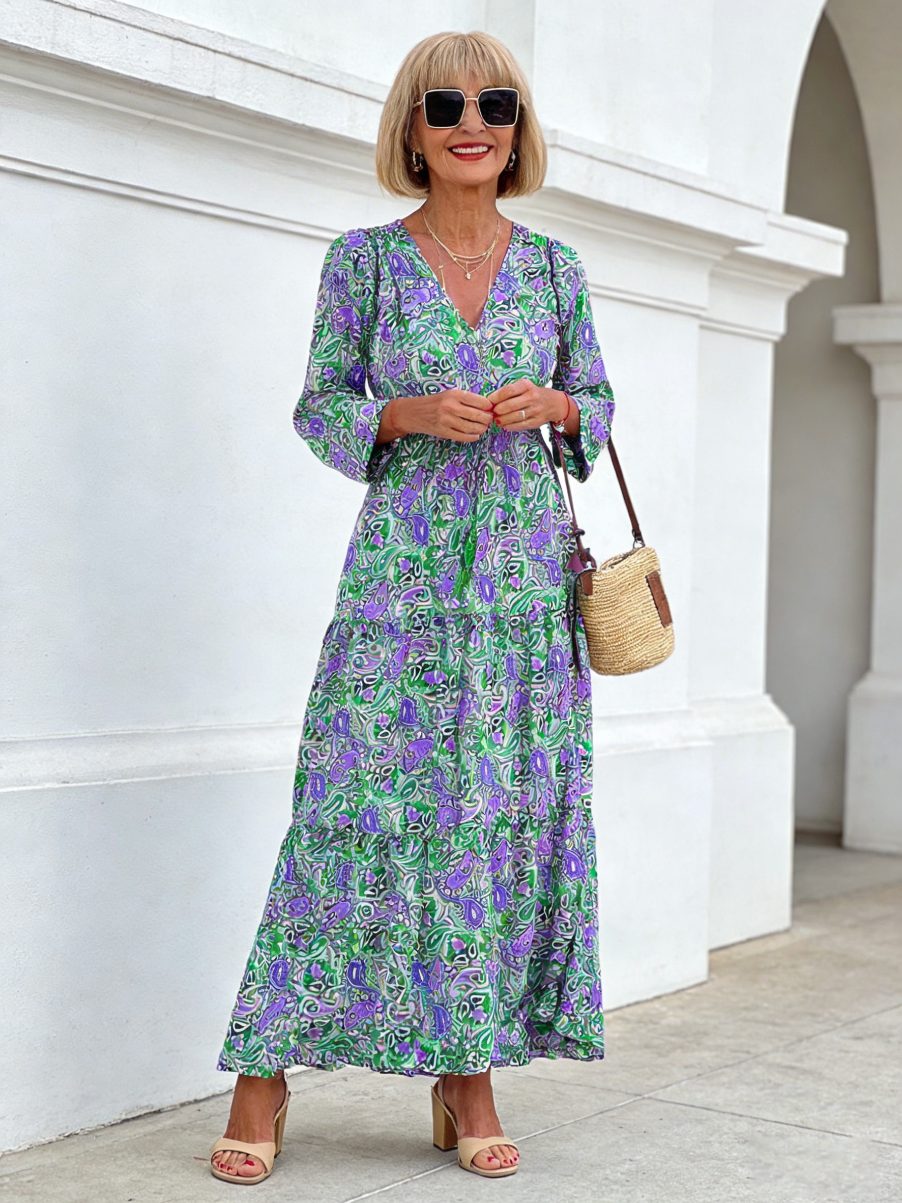 Women Floral Boho Dress Casual Long Sleeve High Elastic Waist Ruffle A-Line Flowy Maxi Dresses