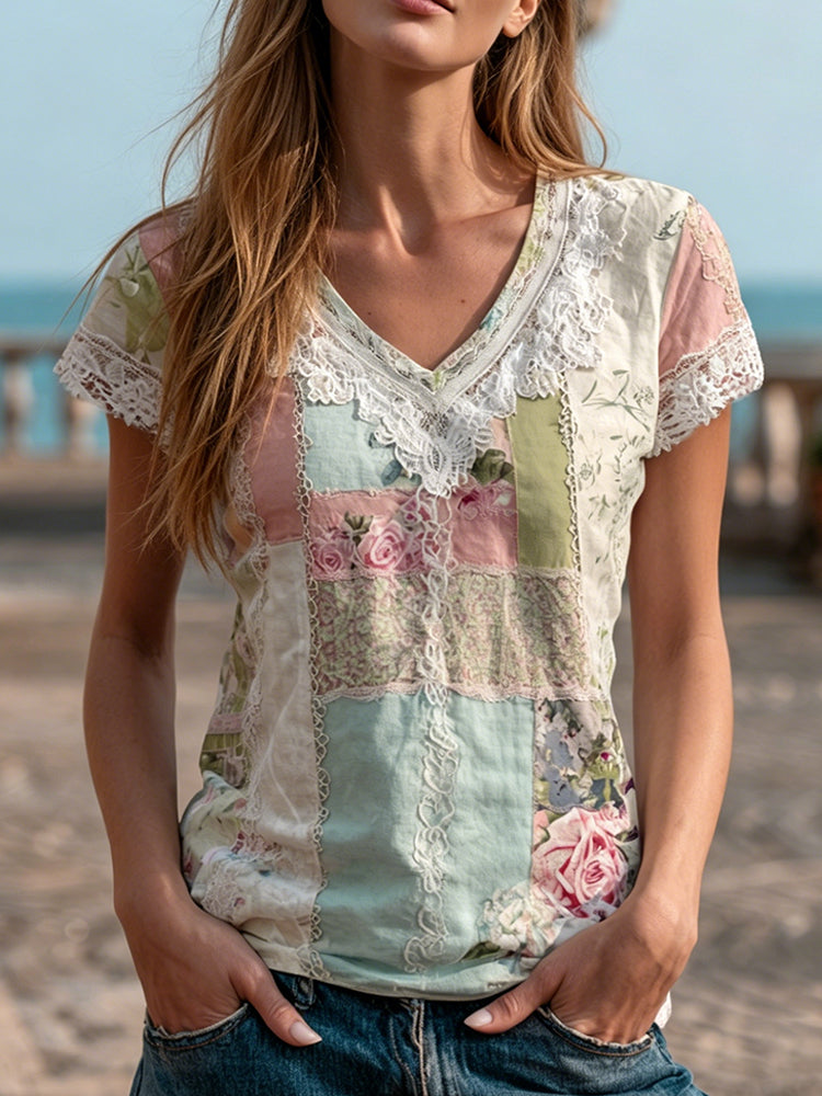 Women's Rose And Lace Spliced Color-block Summer Artistic Lightweight Cotton Linen V-neck Short Sleeve Top