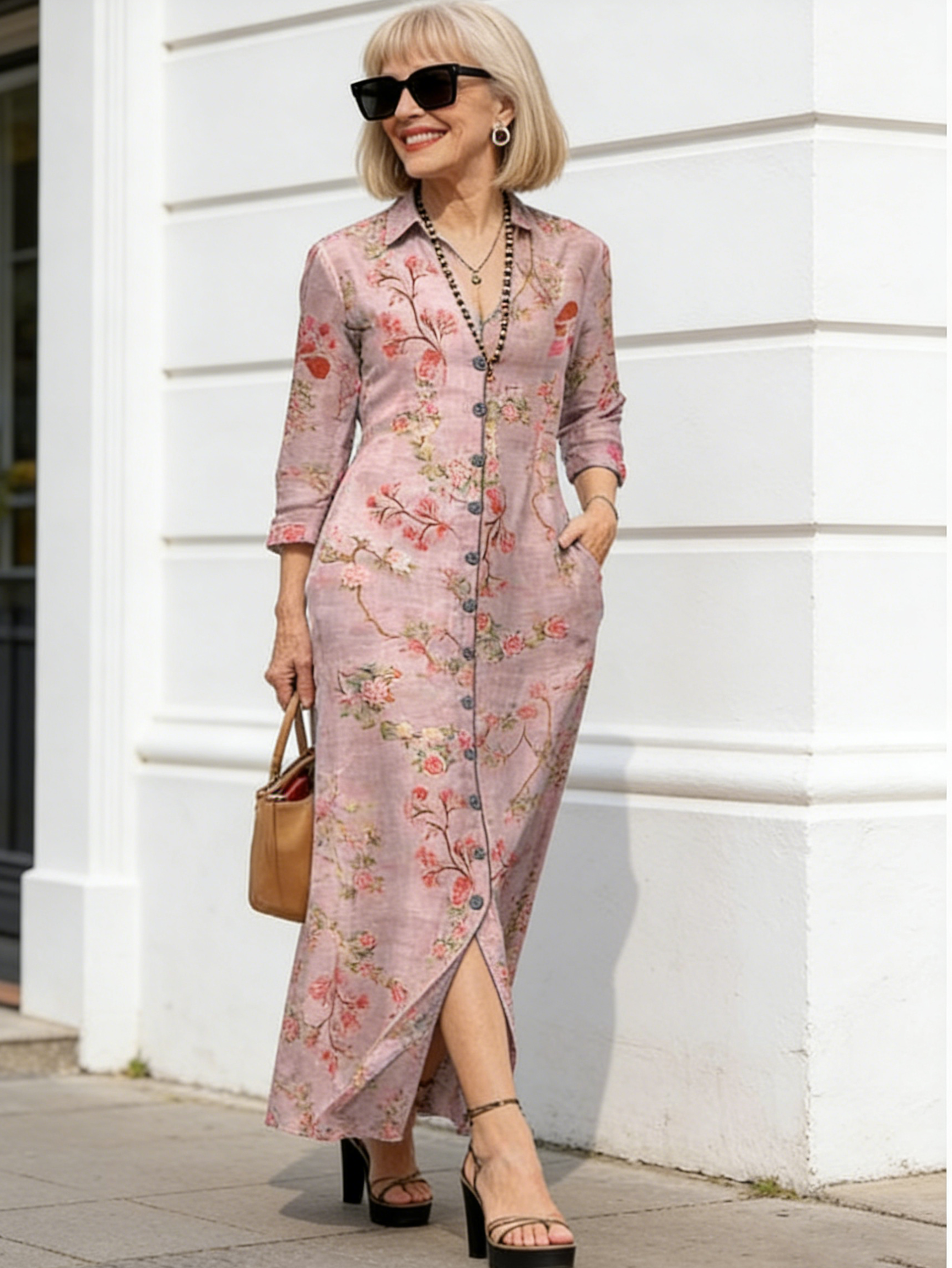 Casual Positioning Print Pocket Lapel Collar Button Long Dress