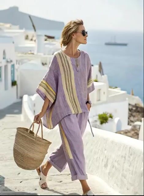 Women'S Loose Slit Contrast Striped Pants Set