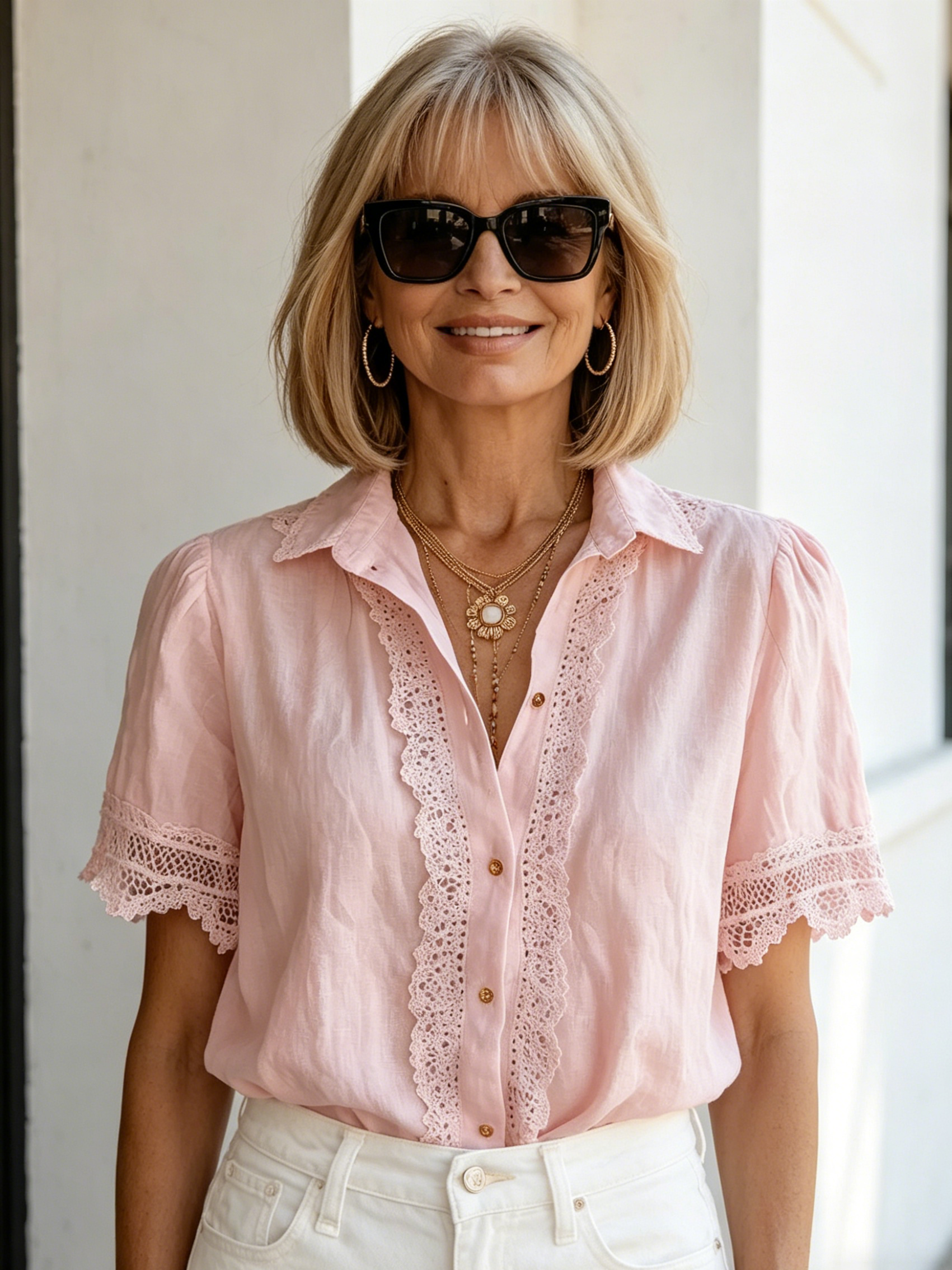 Lace Cotton and Linen Short-sleeved Casual Shirt Women
