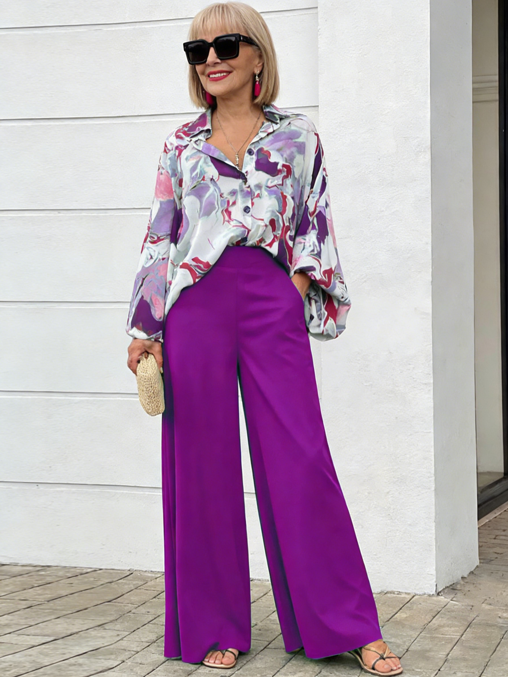 2Pcs Loose Large Size Fashion Casual Printed Wide Leg Pants Two-piece Set
