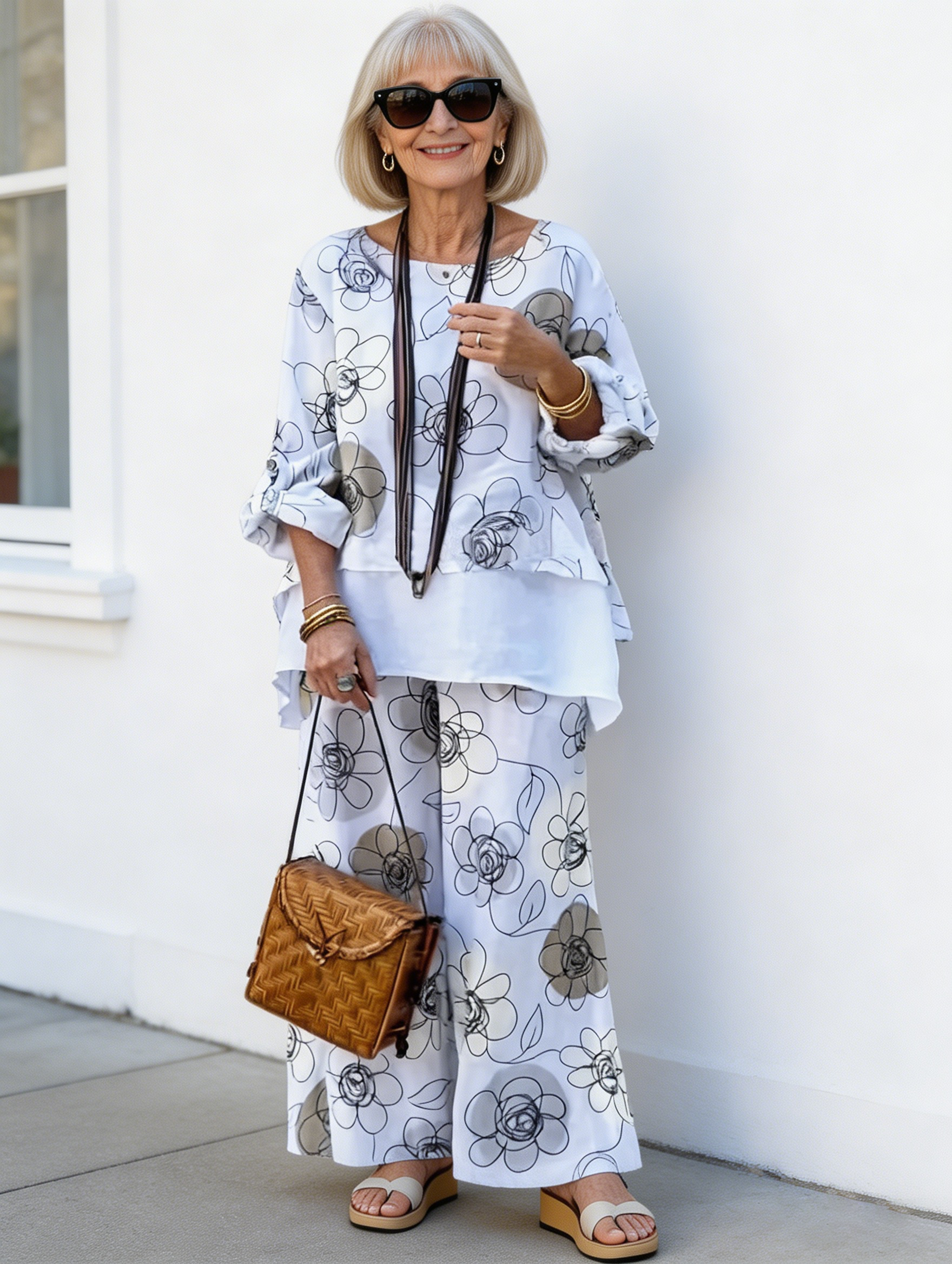 2Pcs Women's Crew Neck Print Fashion Casual Two-Piece Loose Pants