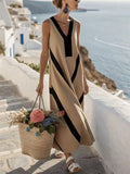 Women'S V-Neck Sleeveless Striped Holiday Loose Dress