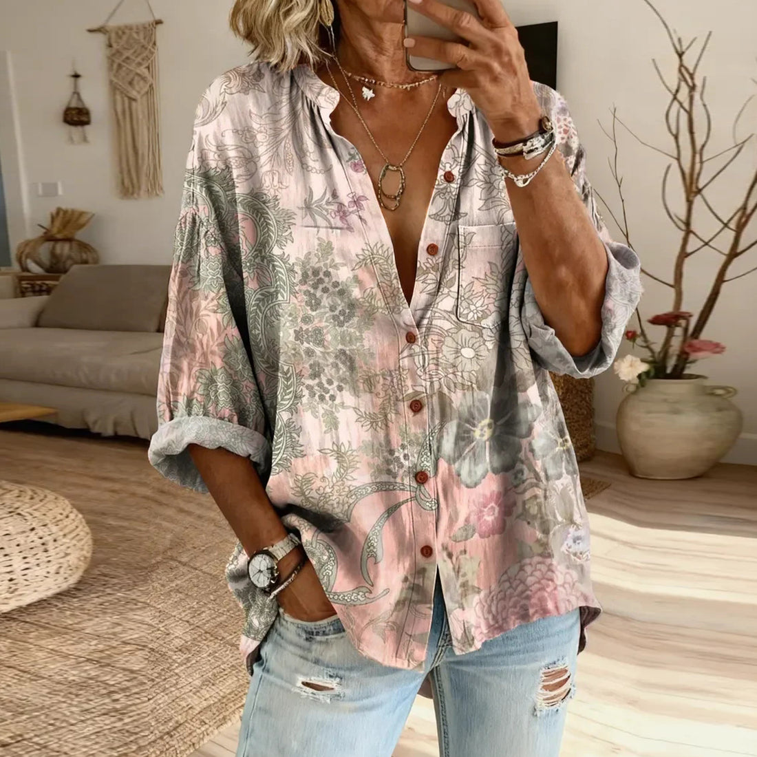 Women's Floral Art Print Casual Cotton-linen Blend Shirt
