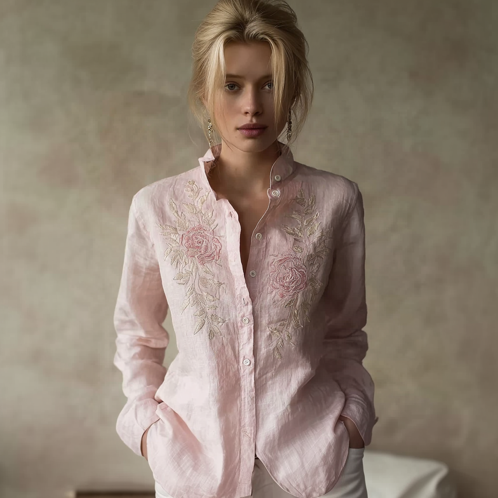 Light Pink Rose Embroidery Pattern Women's Casual Linen Long-sleeve Shirt