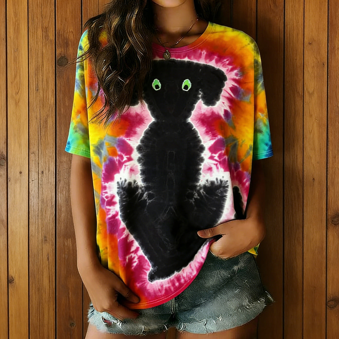 Women's Hippie Abstract Dog Tie-dye Rainbow Pattern Casual T-shirt