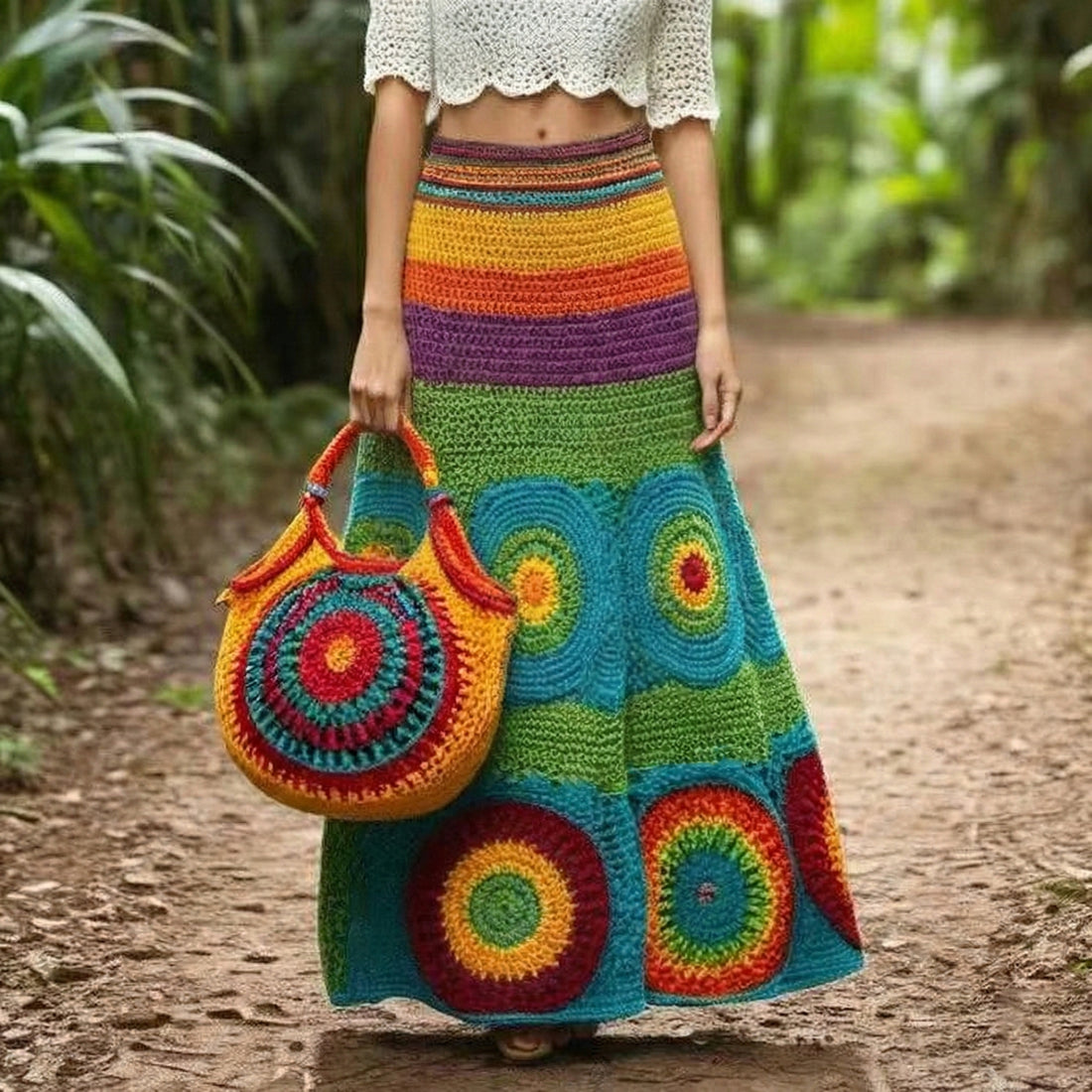 Vintage Classy Spring Rainbow Vacation Colorblock Art Cozy Knitted Skirt