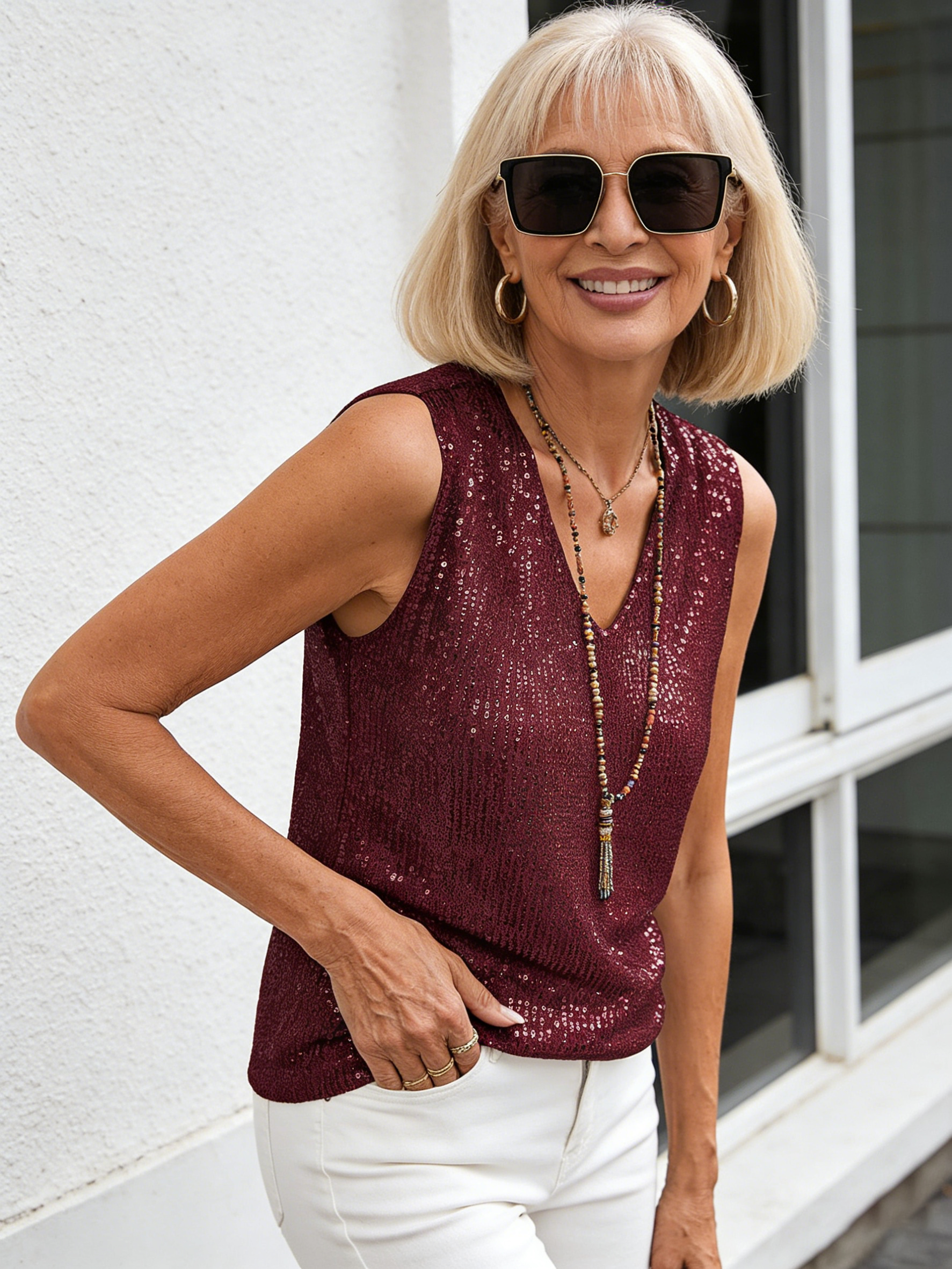 V-Neck Sequin Short Sleeve Ladies Shiny Tank Party Shirt