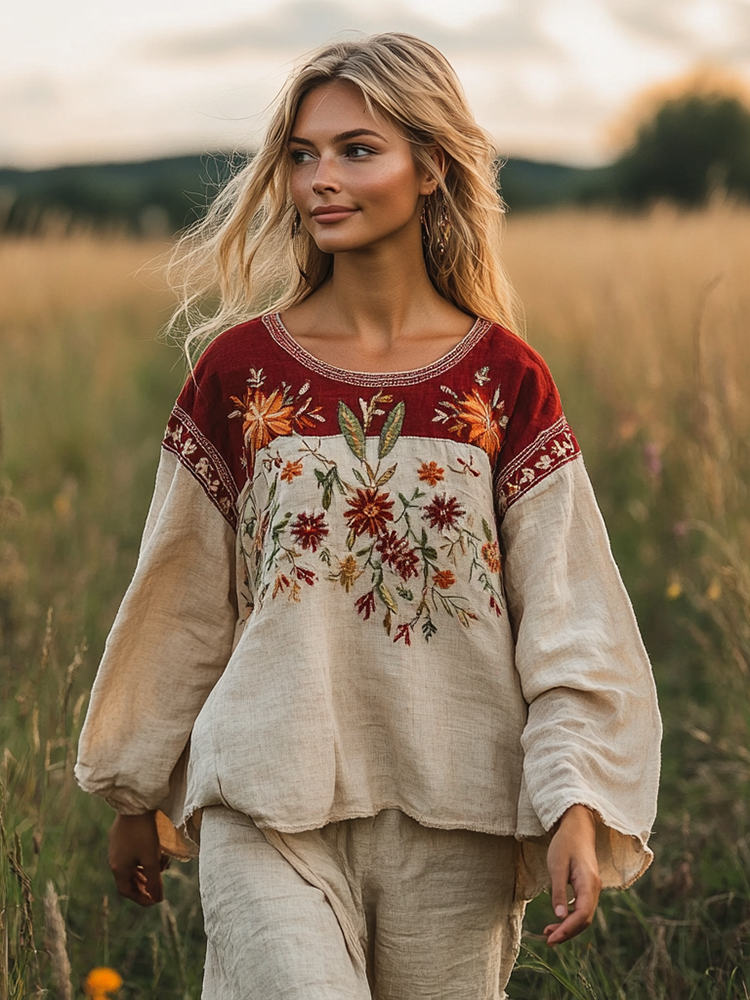 Retro Bohemian Floral Embroidery Art  Linen Blend Loose Blouse
