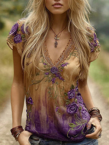 Women's Purple Floral Embroidery Gradient Casual T-shirt