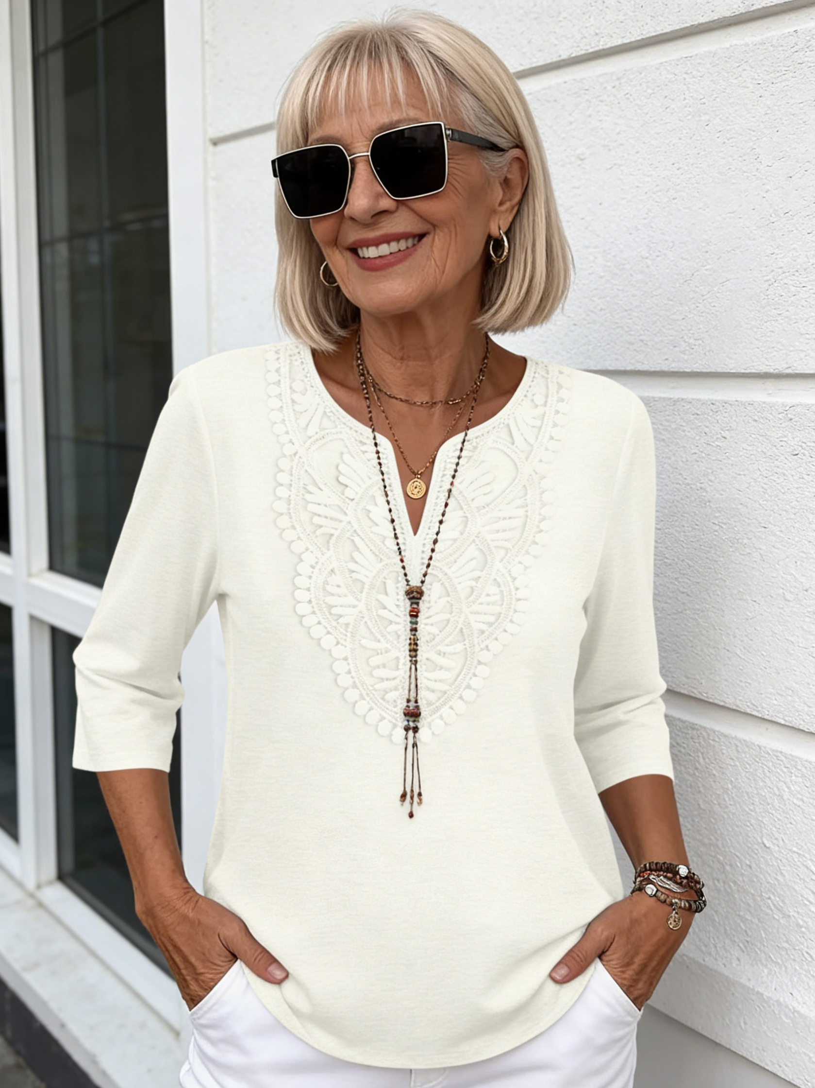 V-neck Lace Splicing Loose Women's Solid Color Seven-quarter Sleeve T-shirt Top Solid Color