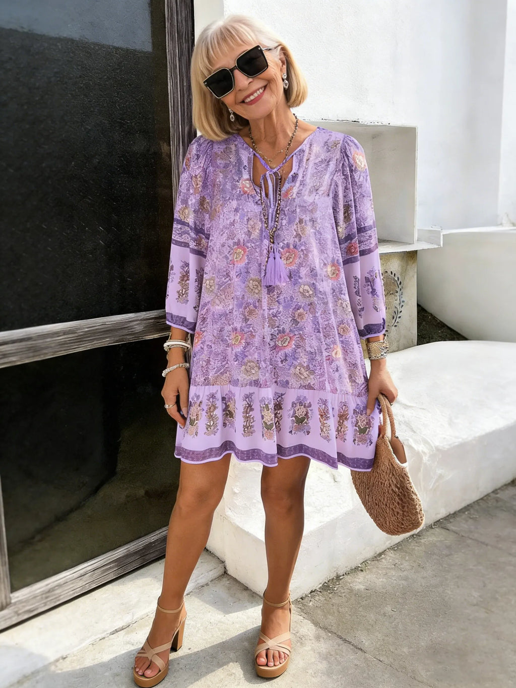 Vacation Dress Printed Shirt Casual Bohemian Vacation V-Neck Dress