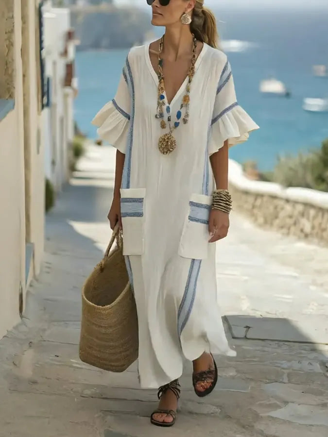 Women's Casual Loose Striped V-Neck Lotus Sleeve Cotton and Linen Dress
