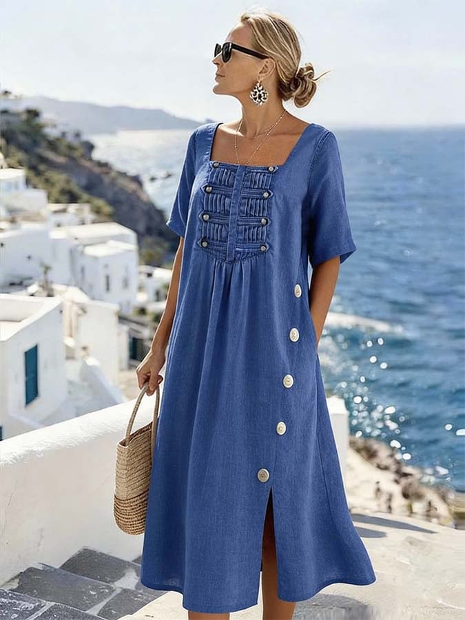 Women'S Casual Solid Color Dress With A Unique Square Neckline