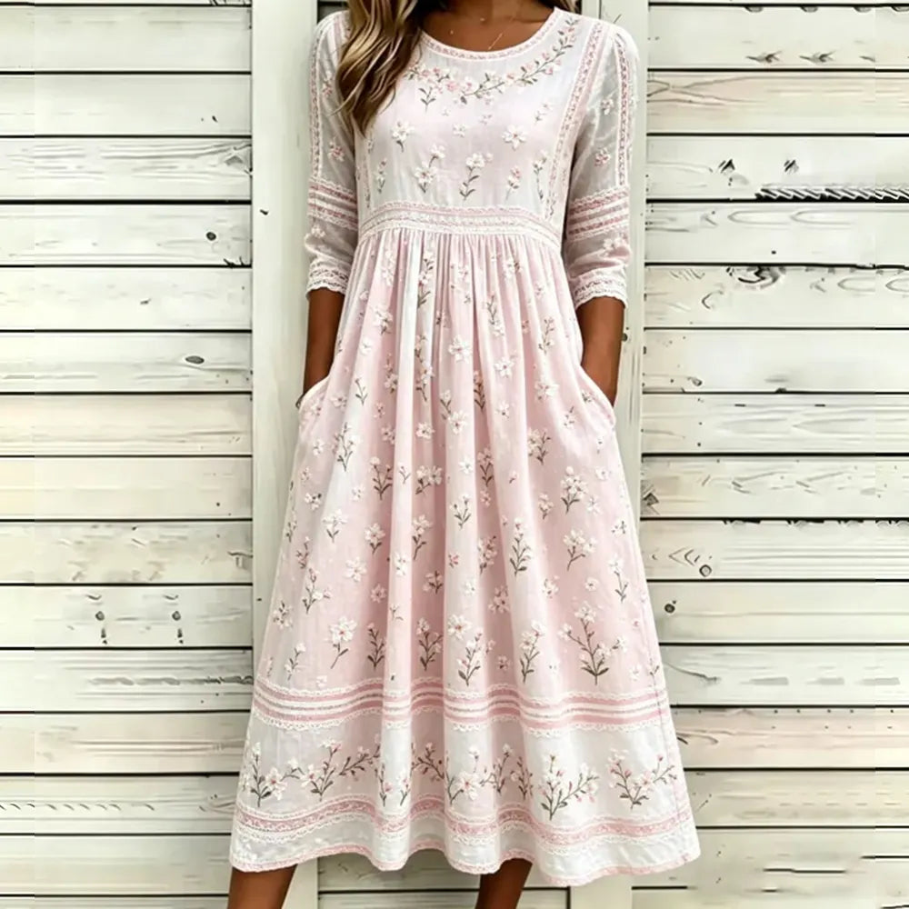 Vintage White Cherry Blossom Art And Lace Art Light Pink Cotton Linen Loose Round Neck Dress