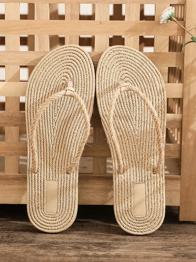Women'S Straw Flip Flops Flat Beach Flip Flops
