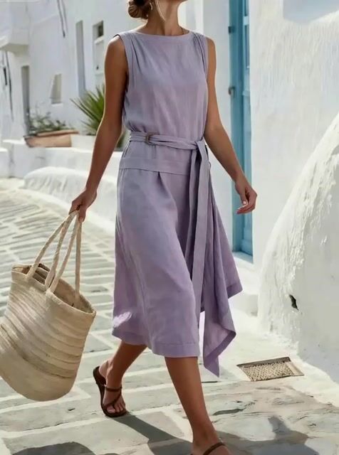 Women's Summer Sleeveless Round Neck Tie Dress