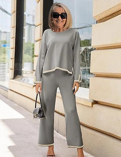 Contrasting Color Split-ended Long-sleeved Knitted Sweater High-waisted and Thin Wide-leg Pants and Trousers Two-piece Set