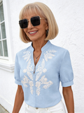 Embroidery Summer V-Neck Fashion Cotton Embroidery Short Sleeve Casual Shirt