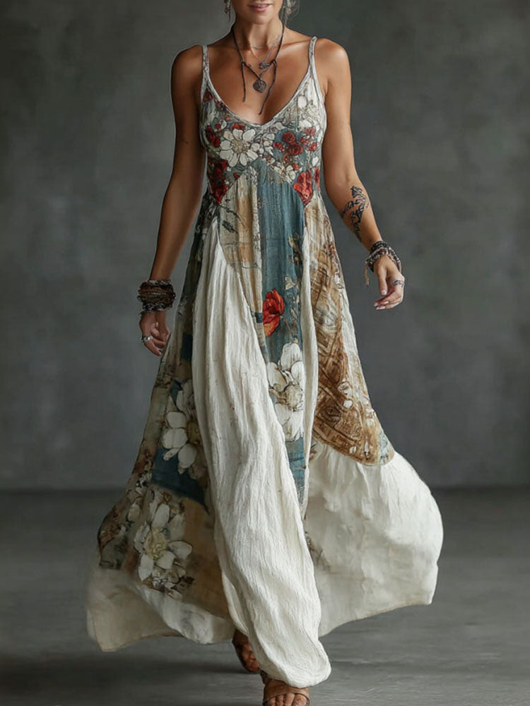 Women's Retro Floral Art Print Cotton Linen Camisole Dress