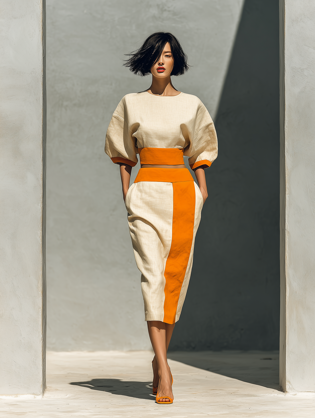 Women’s Beige & Orange Linen-Blend Two-Piece Set: Puff Sleeve Crop Top & Color Block Midi Skirt With Pockets MDZ2198D7T