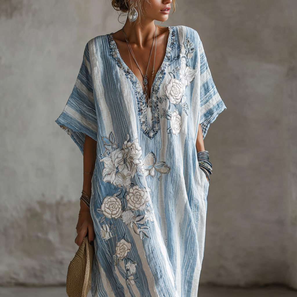 Butterfly Flower Embroidery Patchwork Striped Design Women's Summer Linen Dress