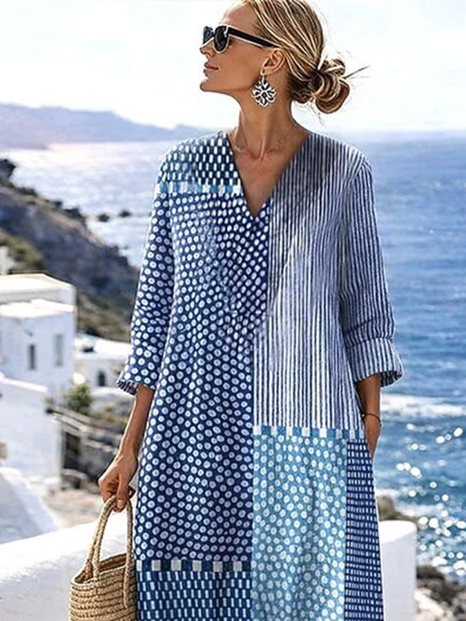 Women's Casual Cotton and Linen Geometric Pattern Printed Loose Short Sleeve Dress