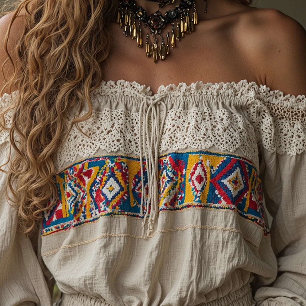 Women's Bohemian Embroidered Off-Shoulder Top