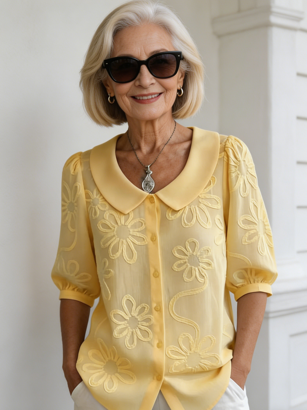 Loose Casual Vintage Button Embroidered Floral Medium Sleeve Shirt