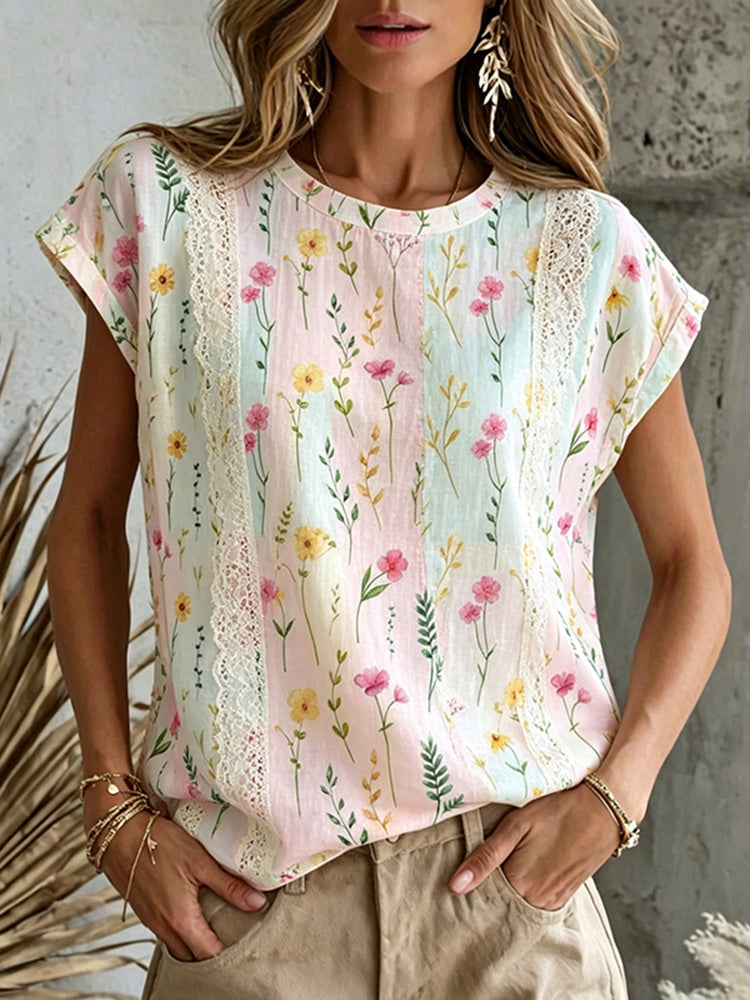 Women's Floral Art Lace Patchwork Casual Cotton Linen T-shirt