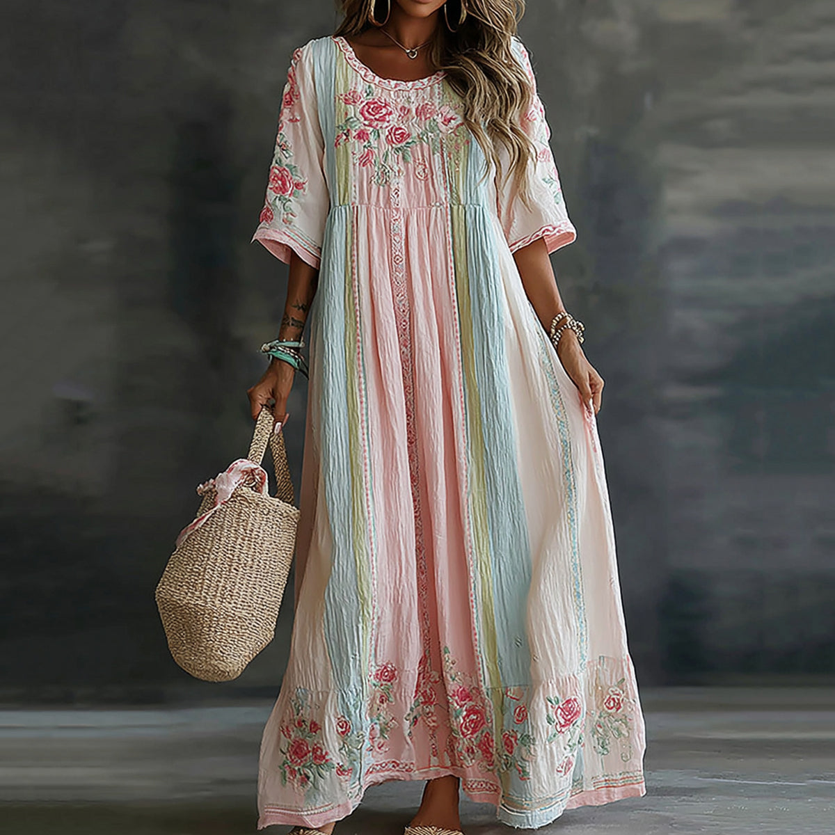 Women's Floral Art Embroidered Linen Blend Round Neck Short Sleeve Dress
