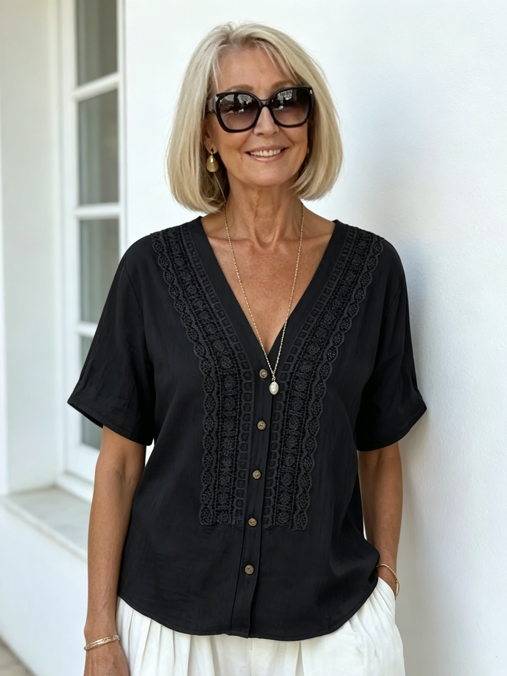 V-neck Short-sleeved Shirt Women's Loose Imitation Hemp Embroidered Button-up Top