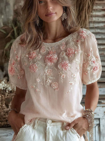 Women's Floral Art Embroidery Casual Cotton Linen T-shirt