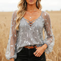 Women's Casual Lace Mesh Embroidery Long Sleeves Top Shirt