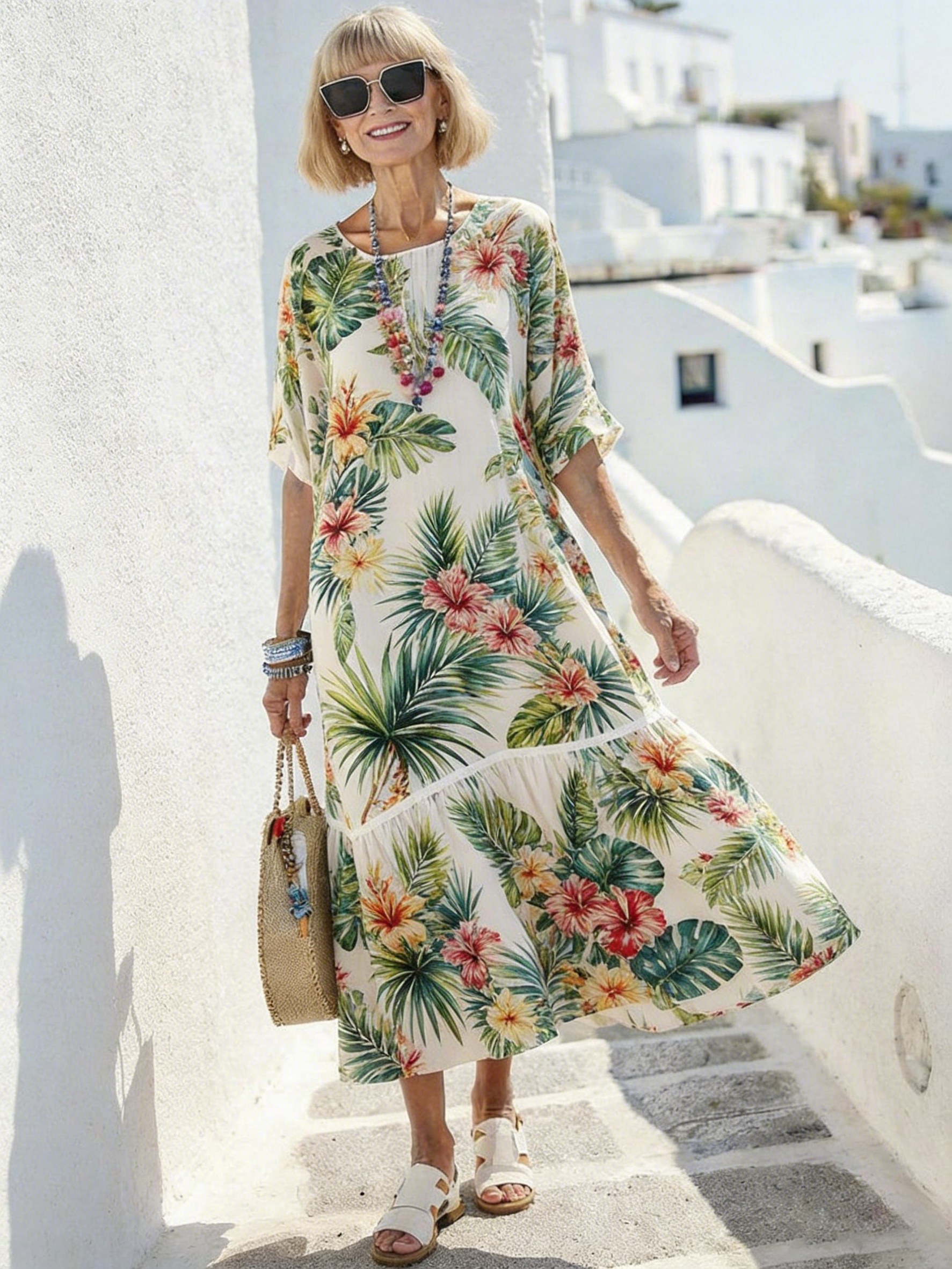 Vacation Casual Round Neck Half Sleeve Pullover Digital Printing Women's Dress Long Dress